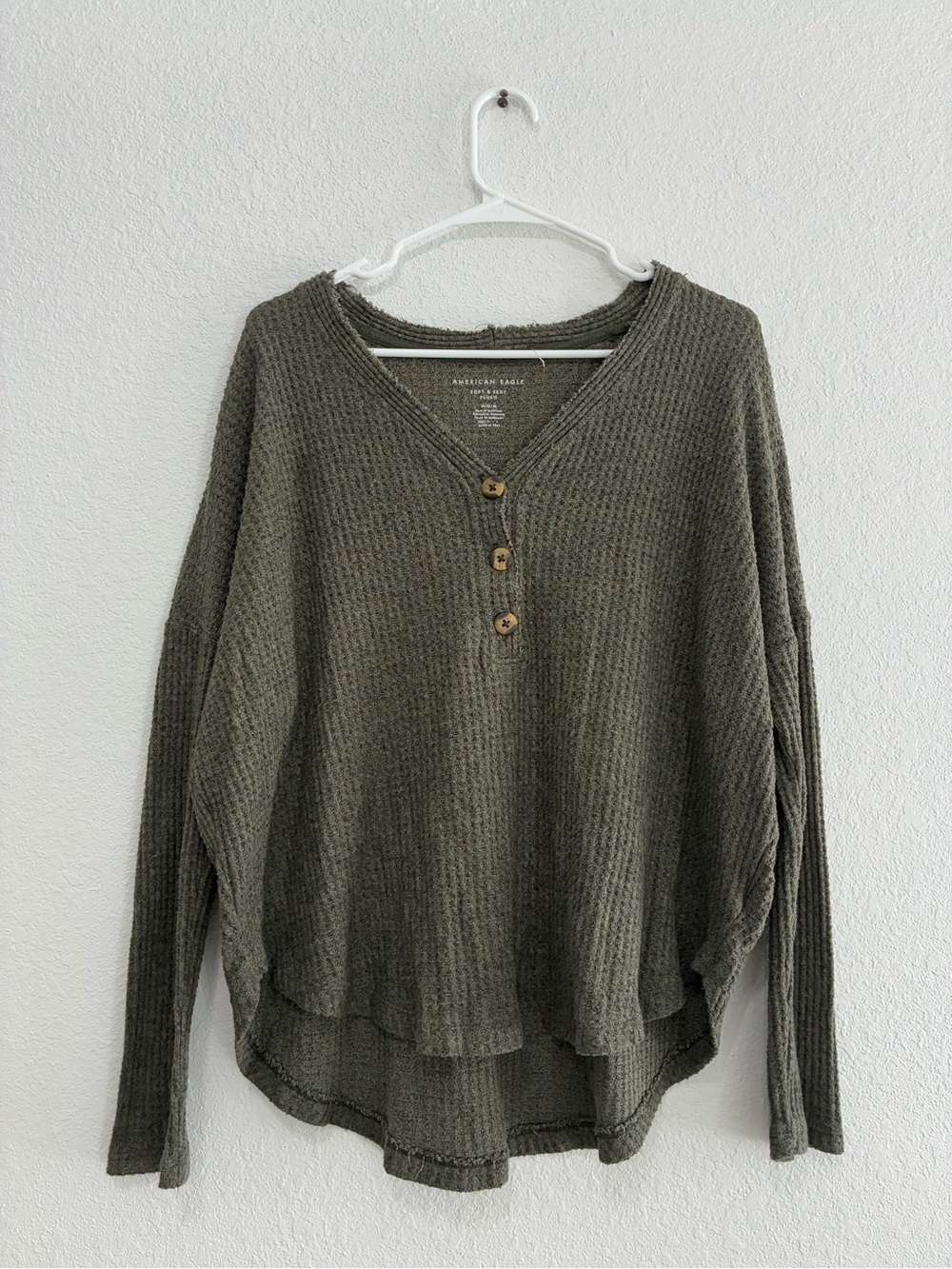 American Eagle Outfitters Olive Waffle-Knit Henley Pullover